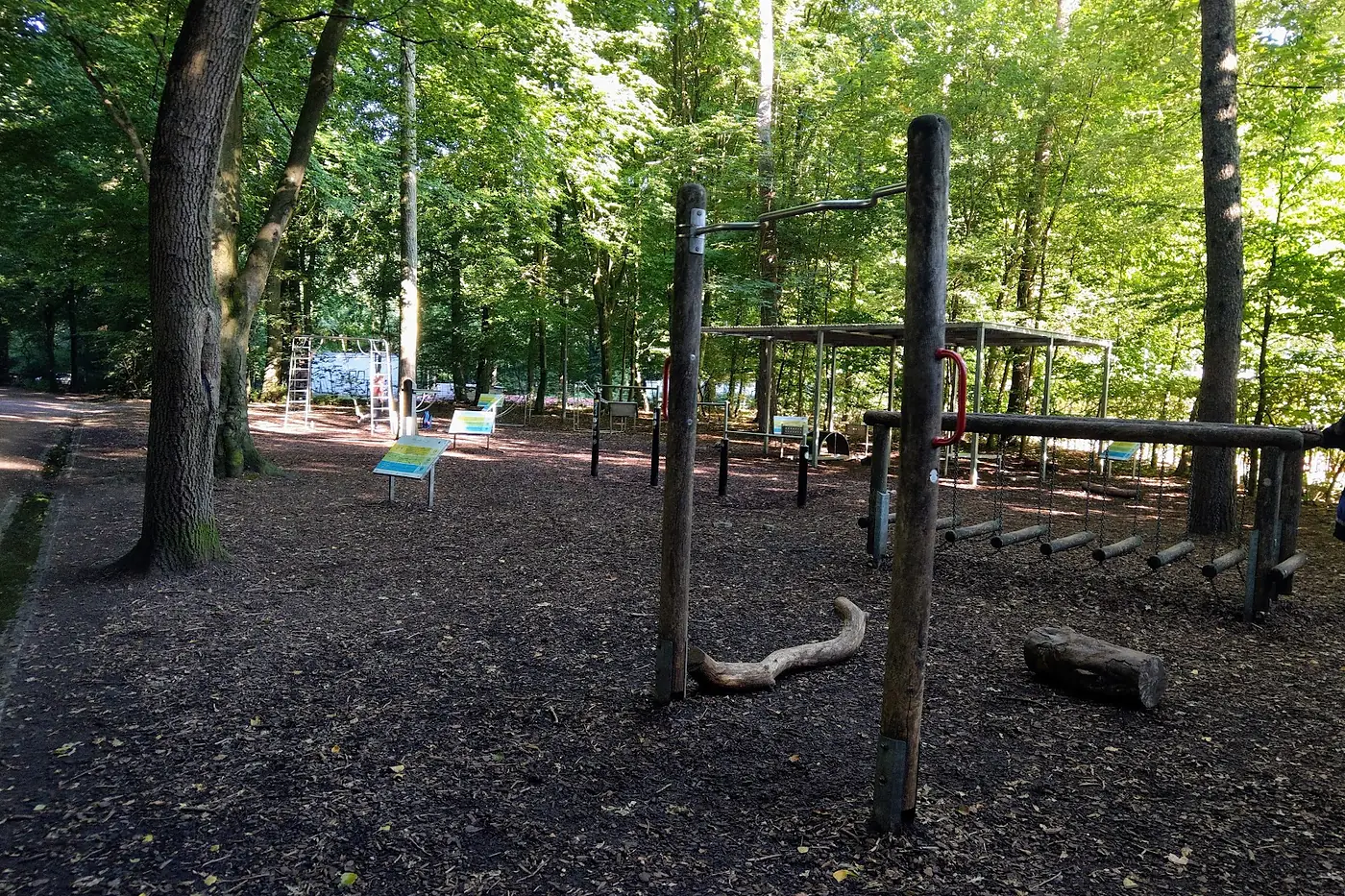 Geräte des Parcours im Sommer unter grünen Buchen