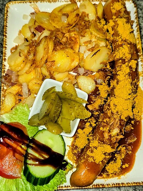 Currywurst mit Currysauce und Bratkartoffeln, Gewürzgurken, Tomate und Gurke auf einem Teller