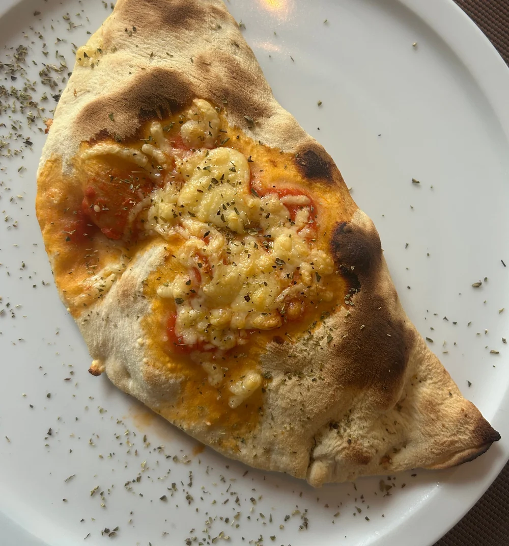Calzone mit Käse, Tomatensauce und Oregano auf weißem Teller