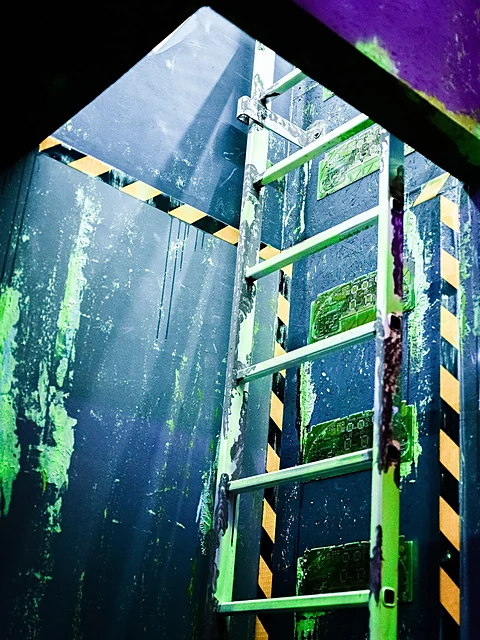 Leiter und Absperrmarkierungen in einem dunklen Raum unter Schwarzlicht, grün und violett beleuchtet