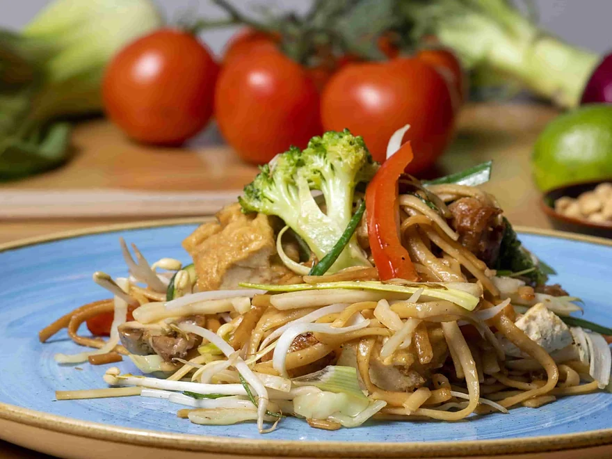 Gebratene Nudeln mit Gemüse, Sprossen und Tofu auf blauem Teller