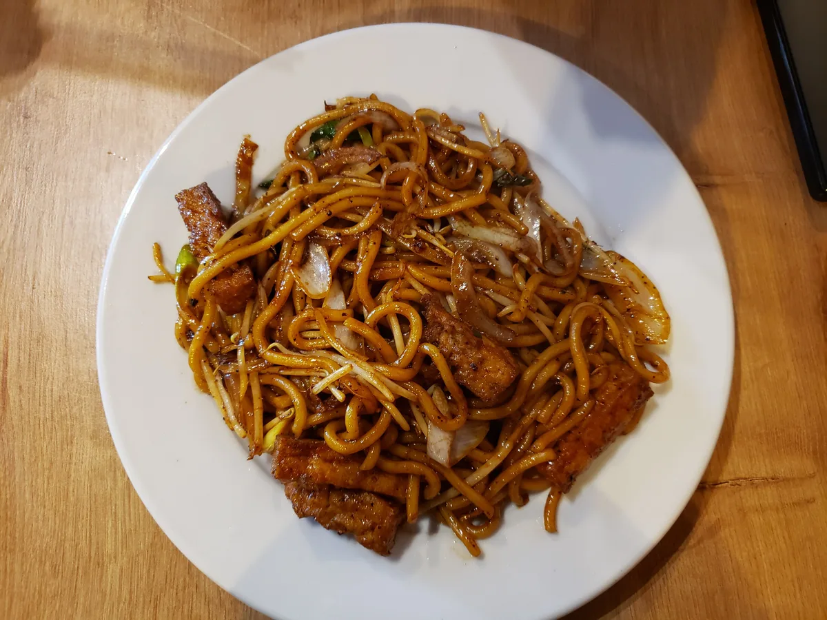 Gebratene Udon-Nudeln mit Tofustreifen, Zwiebeln und Sojasprossen auf einem weißen Teller