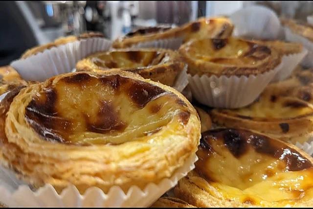 Mehrere Pastel de Nata mit karamellisierter Oberfläche in Papierförmchen in der Vitrine