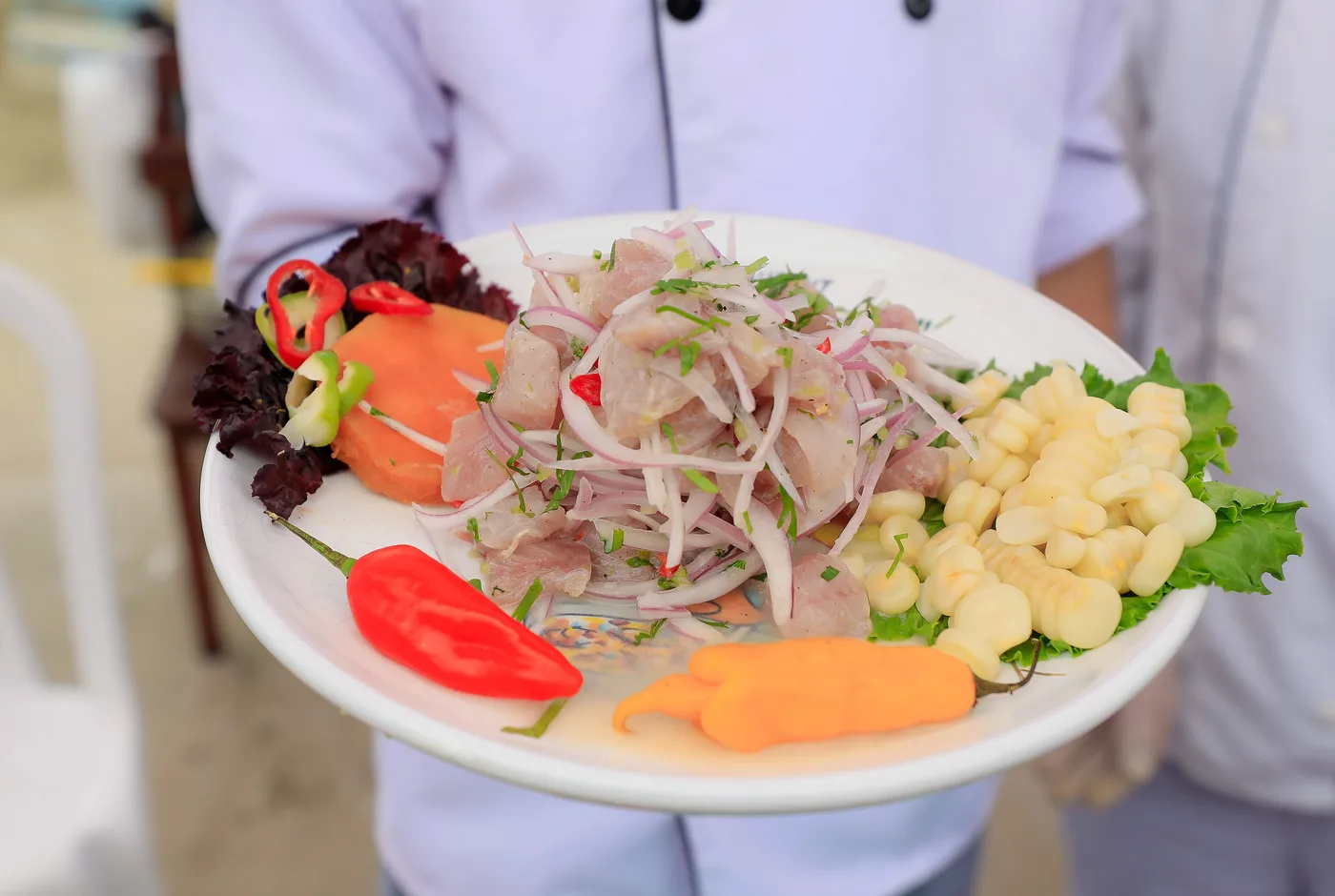 Teller mit Ceviche aus rohem Fisch, roten Zwiebeln, Chili, Mais und Süßkartoffel