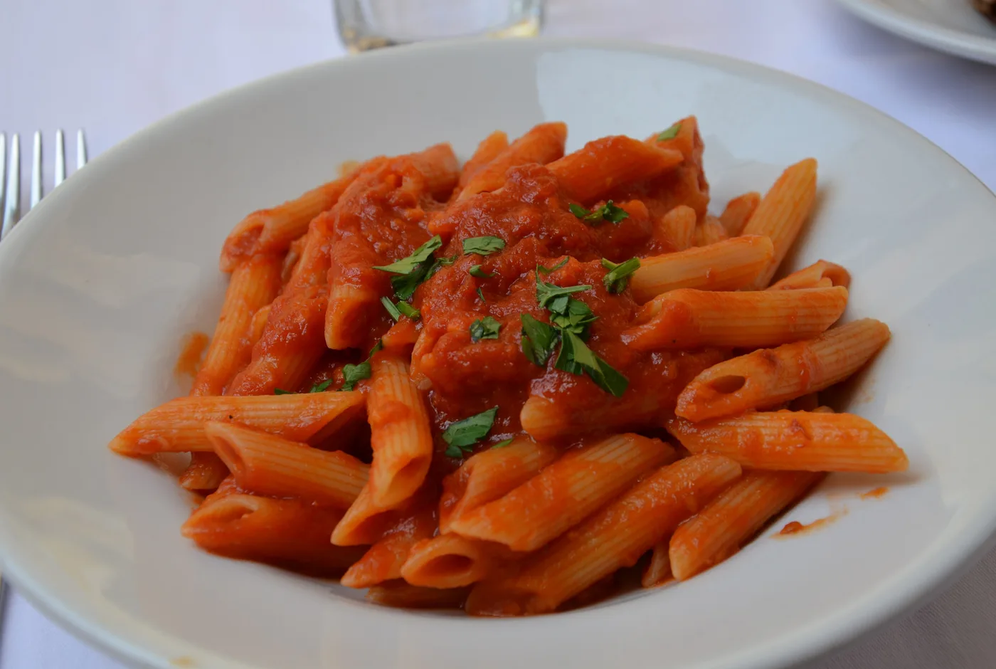 Penne in kräftig roter Tomatensauce mit Petersilie auf einem weißen Teller