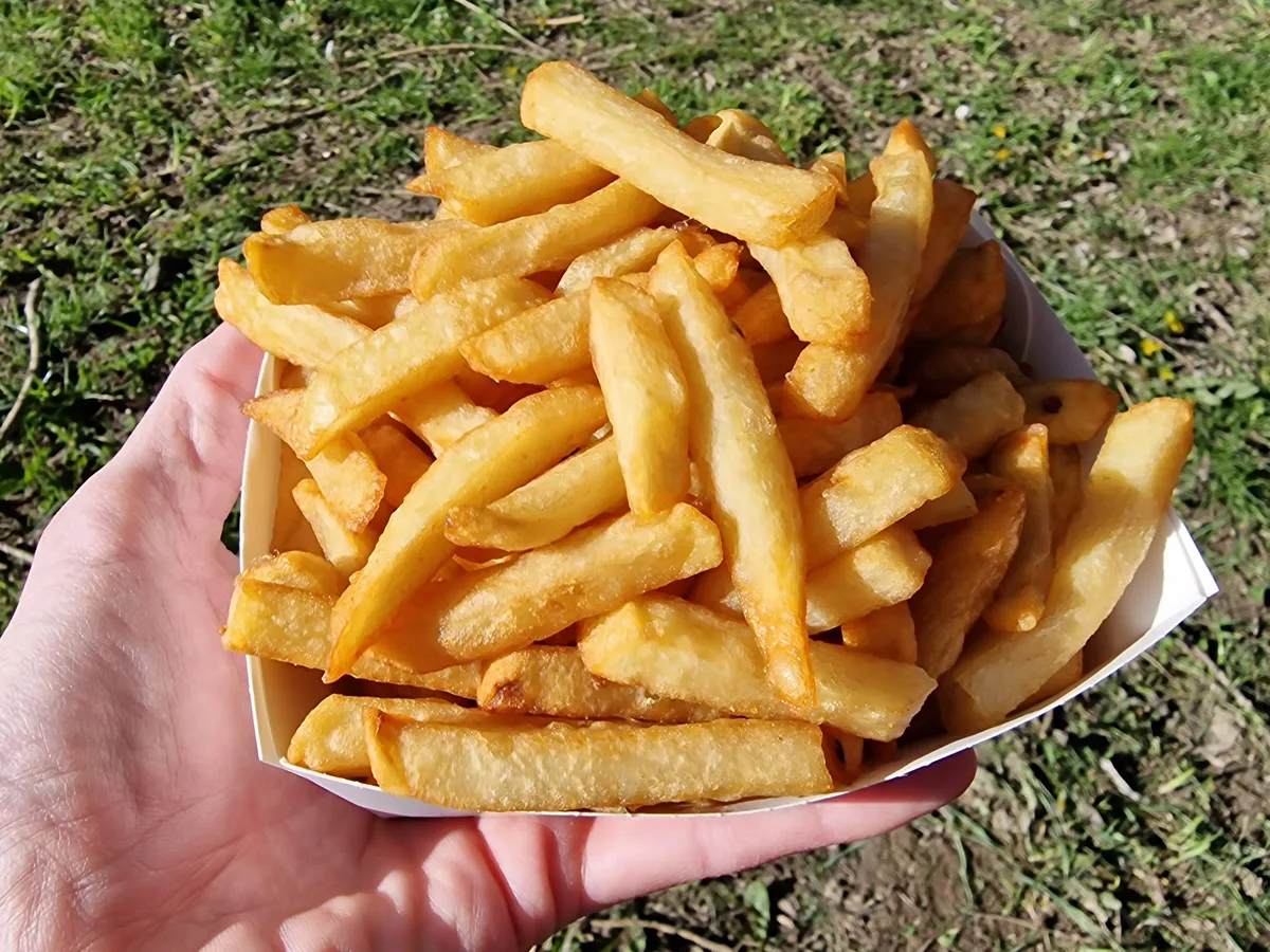 Portion goldbrauner Pommes frites in einer weißen Papierschale