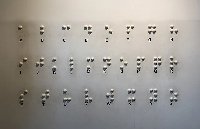 Weiße Wand mit dem Braille-Alphabet aus Halbkugeln, unter jedem Zeichen der zugehörige Buchstabe