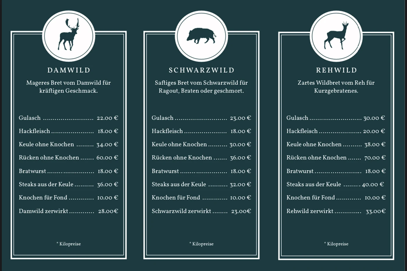 Preistafel mit Damwild, Schwarzwild und Rehwild