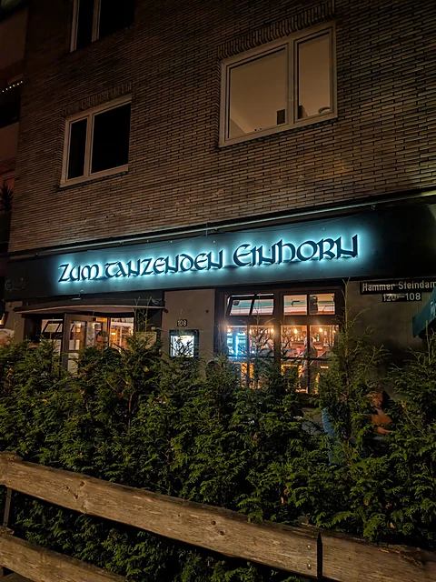 Beleuchteter Schriftzug Zum tanzenden Einhorn über dem Eingang am Hammer Steindamm bei Nacht