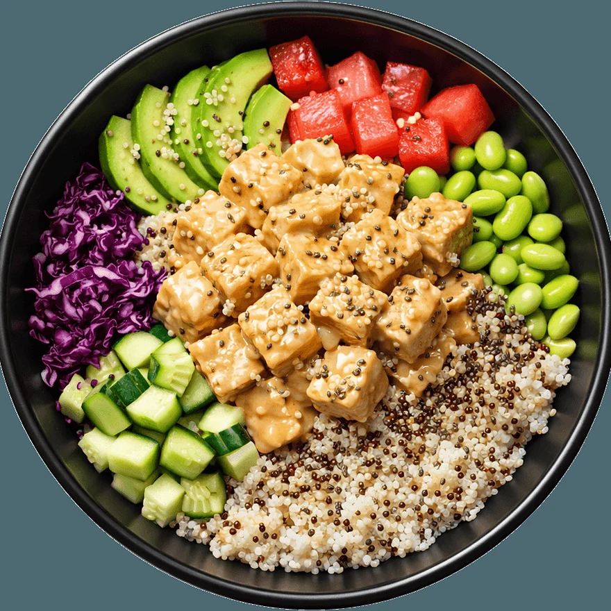 Vegane Bowl mit mariniertem Tofu, Avocado, Wassermelone, Edamame und Quinoa