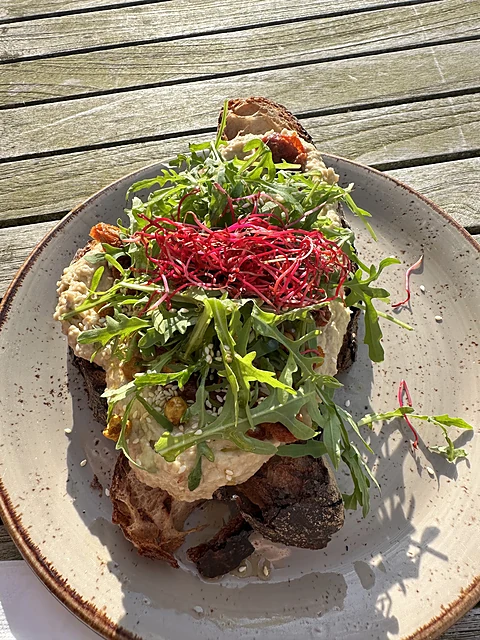 Stulle auf Sauerteigbrot mit Hummus, Rucola und roten Sprossen auf einem gesprenkelten Teller auf Holzplanken