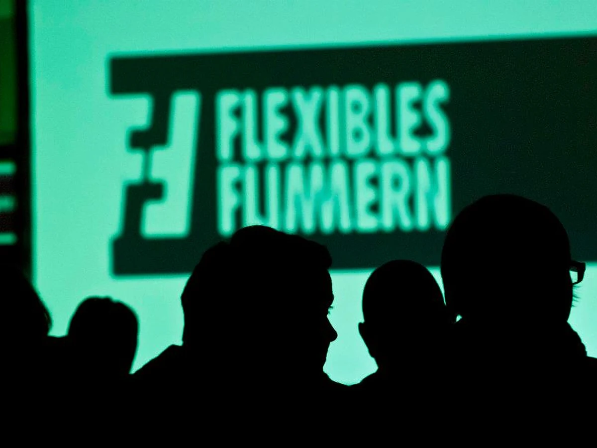 Dunkle Umrisse von Zuschauern vor einer grün leuchtenden Leinwand mit dem Schriftzug Flexibles Flimmern