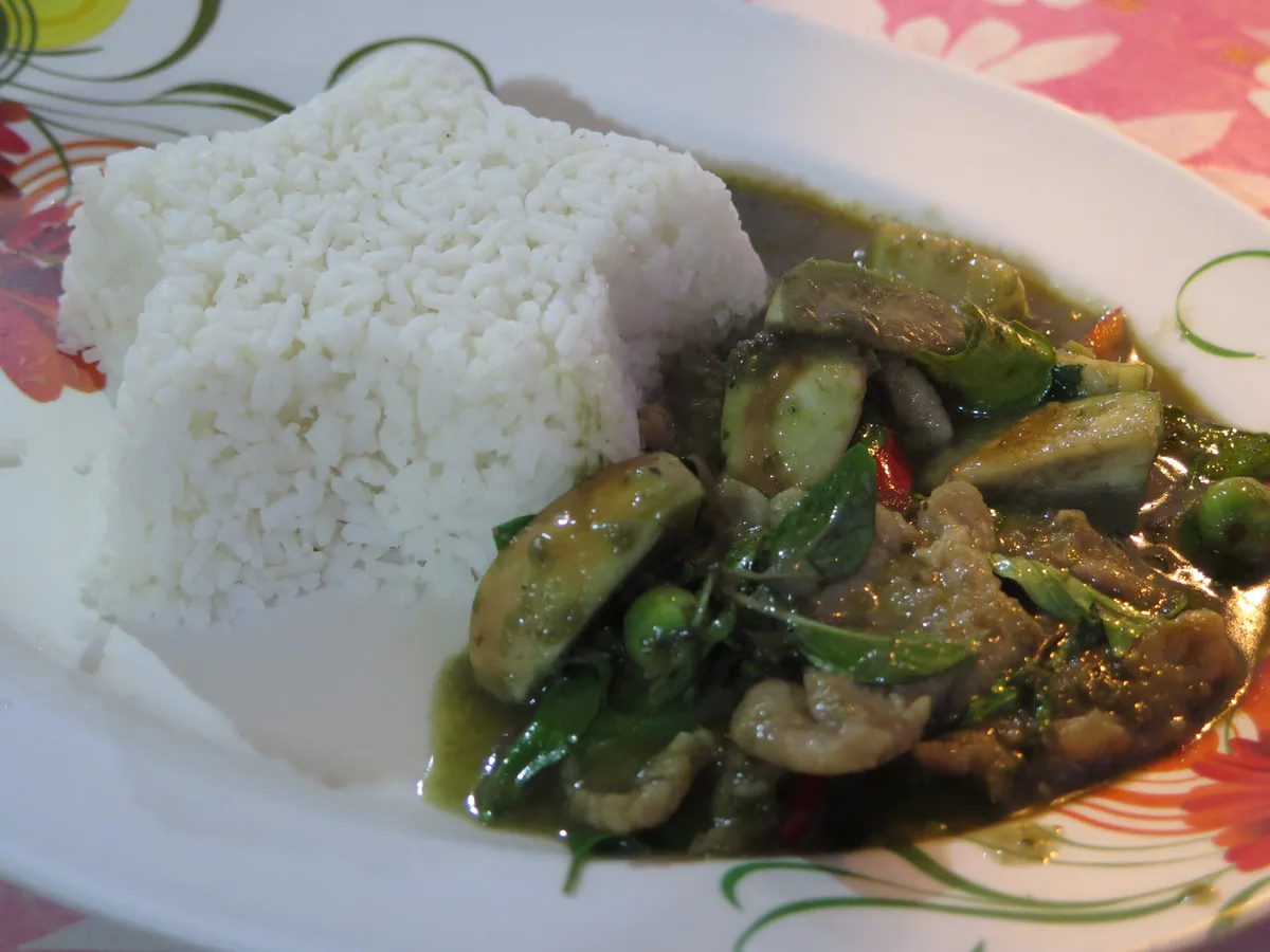 Grünes Curry mit Fleisch, Auberginen und Basilikum, daneben eine Portion Reis auf einem weißen Teller
