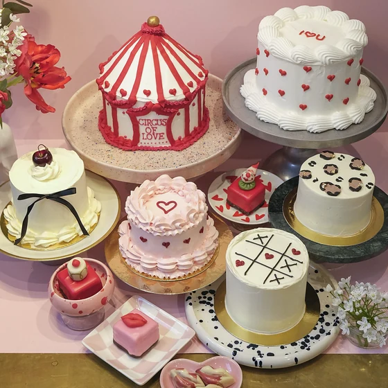 Mehrere kleine Bento Cakes in Rosa und Weiß mit Herzen, Zirkuszelt und Leopardenmuster