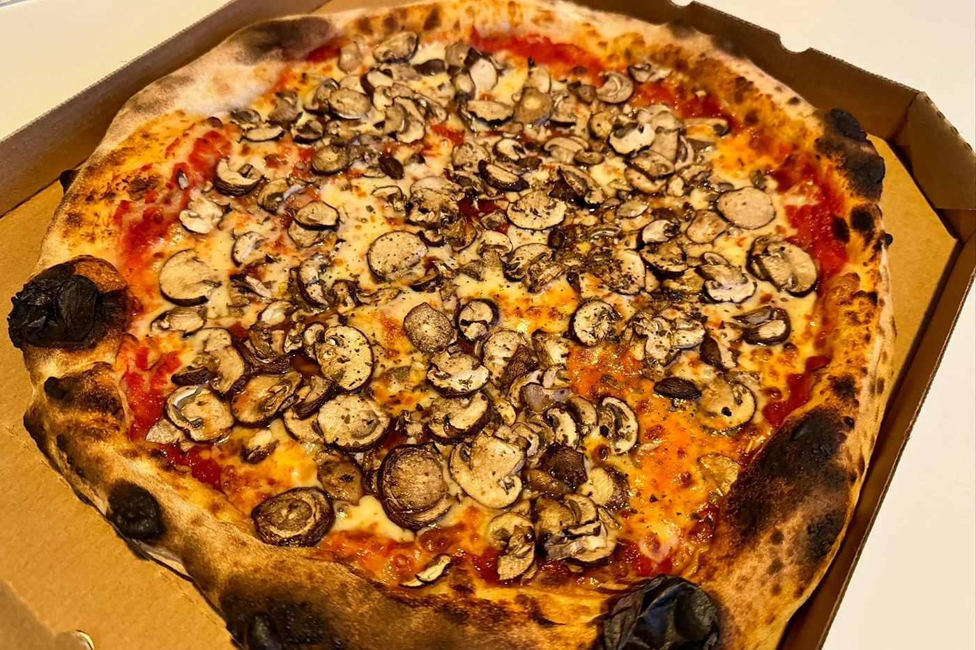 Pizza mit Pilzen im geöffneten Karton