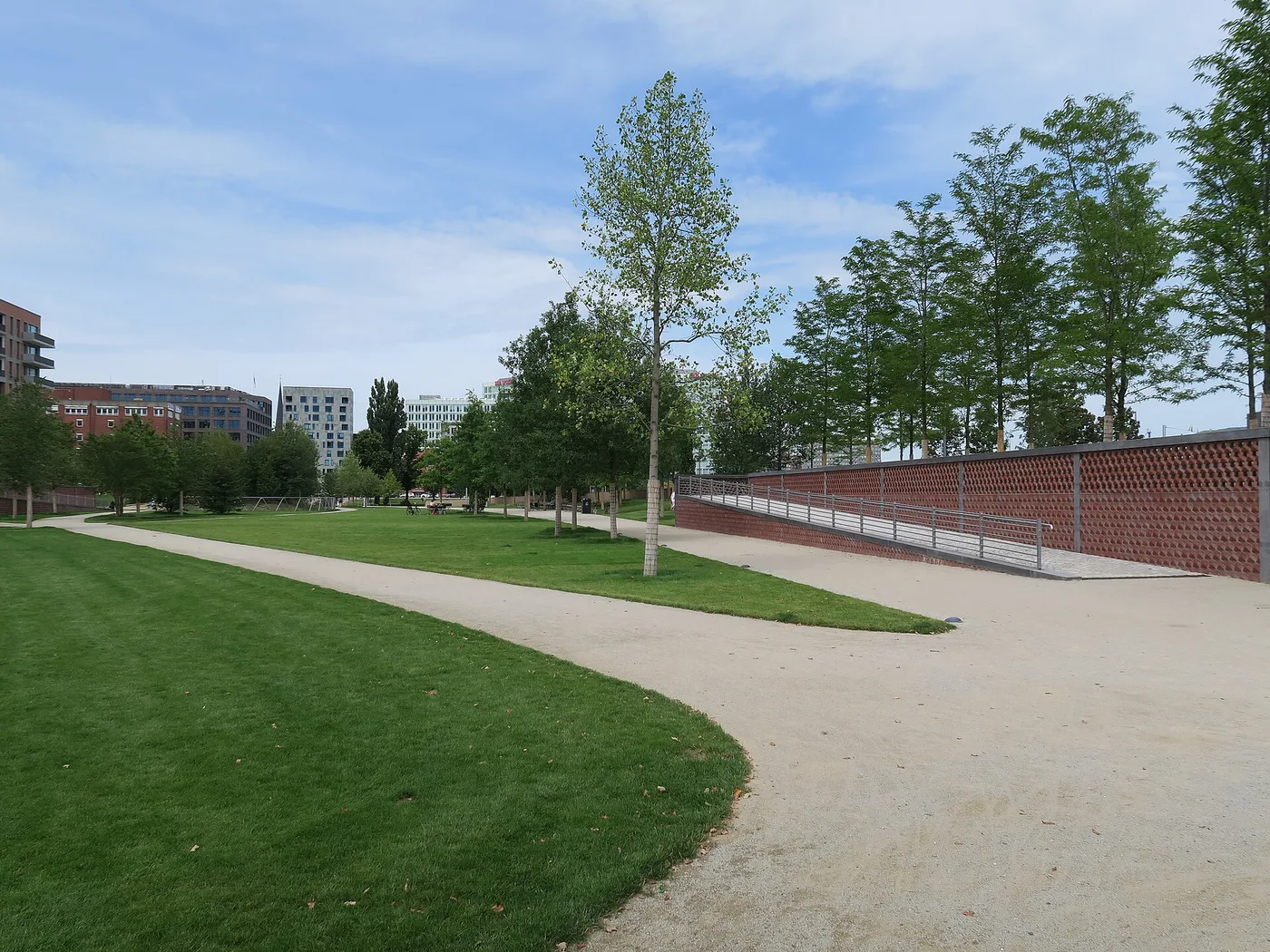 Wiese und Wege im Lohsepark in der HafenCity mit Neubauten im Hintergrund