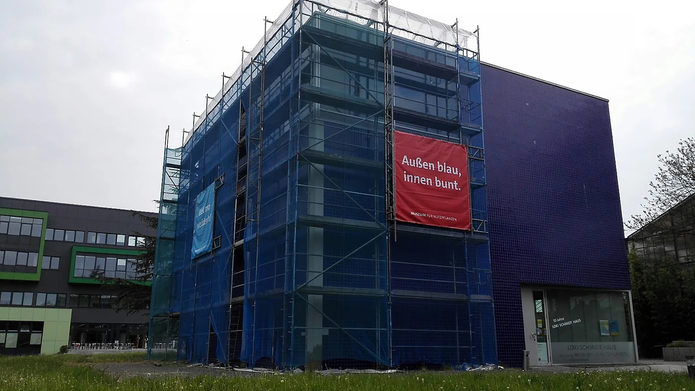 Blau gekachelter Museumswürfel des Loki Schmidt Hauses, eine Seite eingerüstet, mit rotem Banner „Außen blau, innen bunt.“