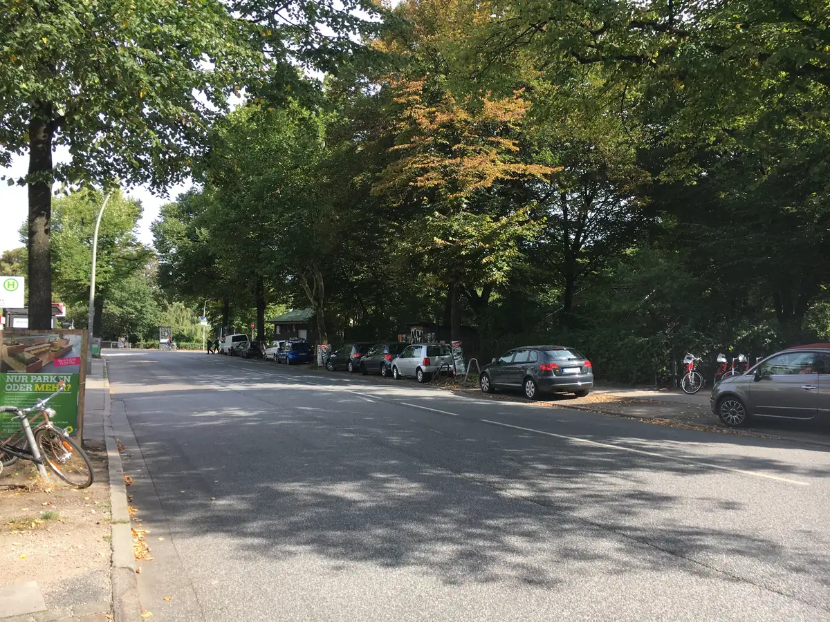 Von Bäumen gesäumte Straße am Goldbekplatz mit parkenden Autos