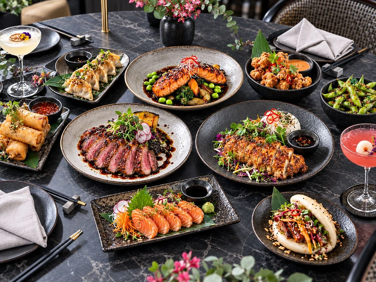 Dunkle Tischplatte mit vielen Schalen und Tellern: Sashimi, Frühlingsrollen, Ente, Edamame und zwei Cocktails