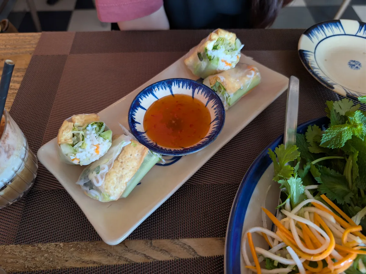 Sommerrollen im Reispapier mit Tofu, Salat und Kräutern, daneben eine Dip-Schale