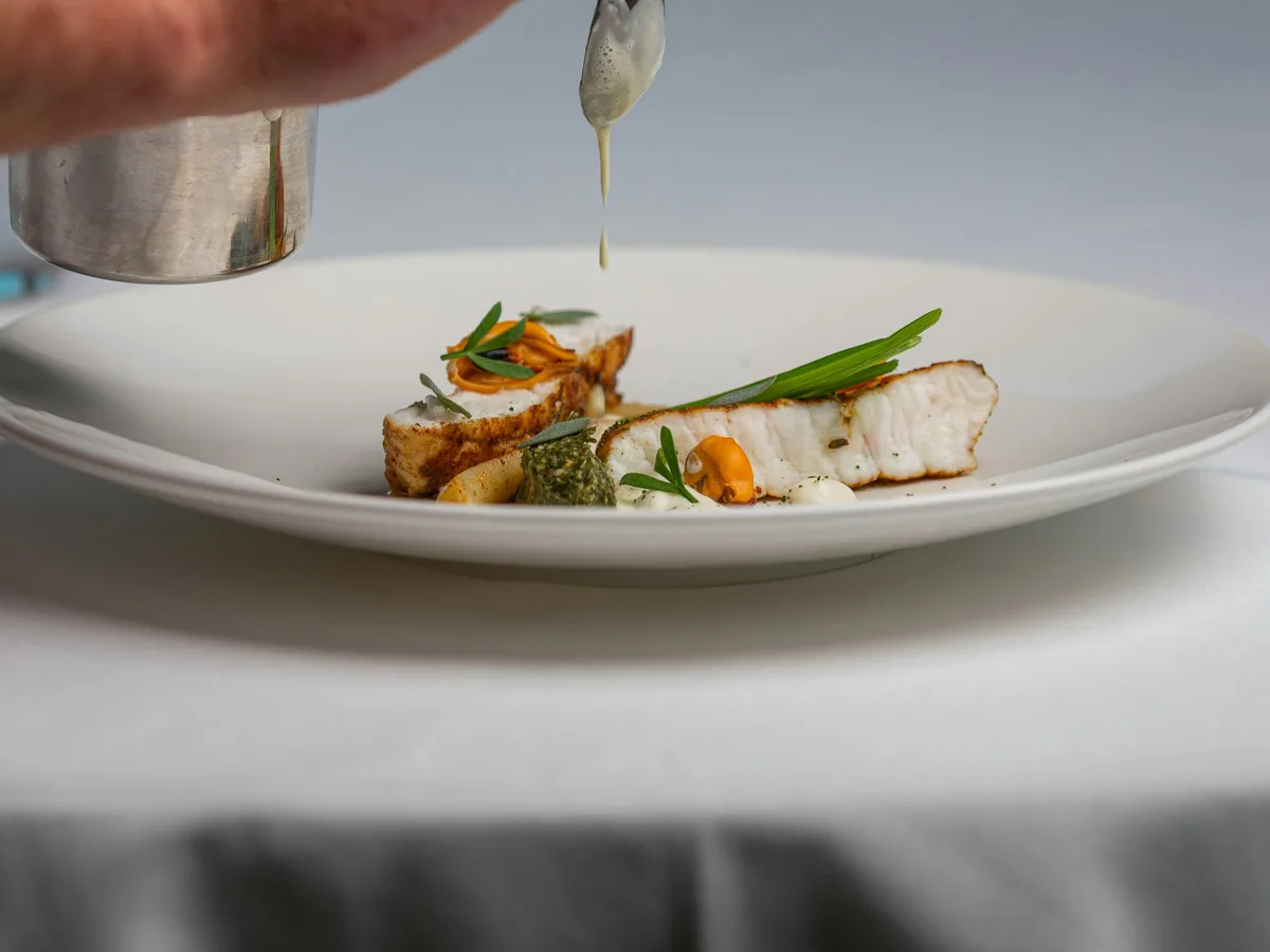 Fein angerichteter Fischgang mit Kräutern und Sauce