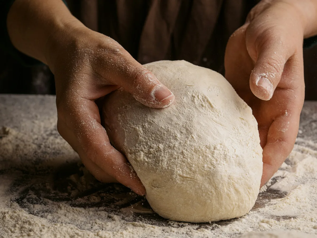Hände kneten Pizzateig auf einem Holztisch