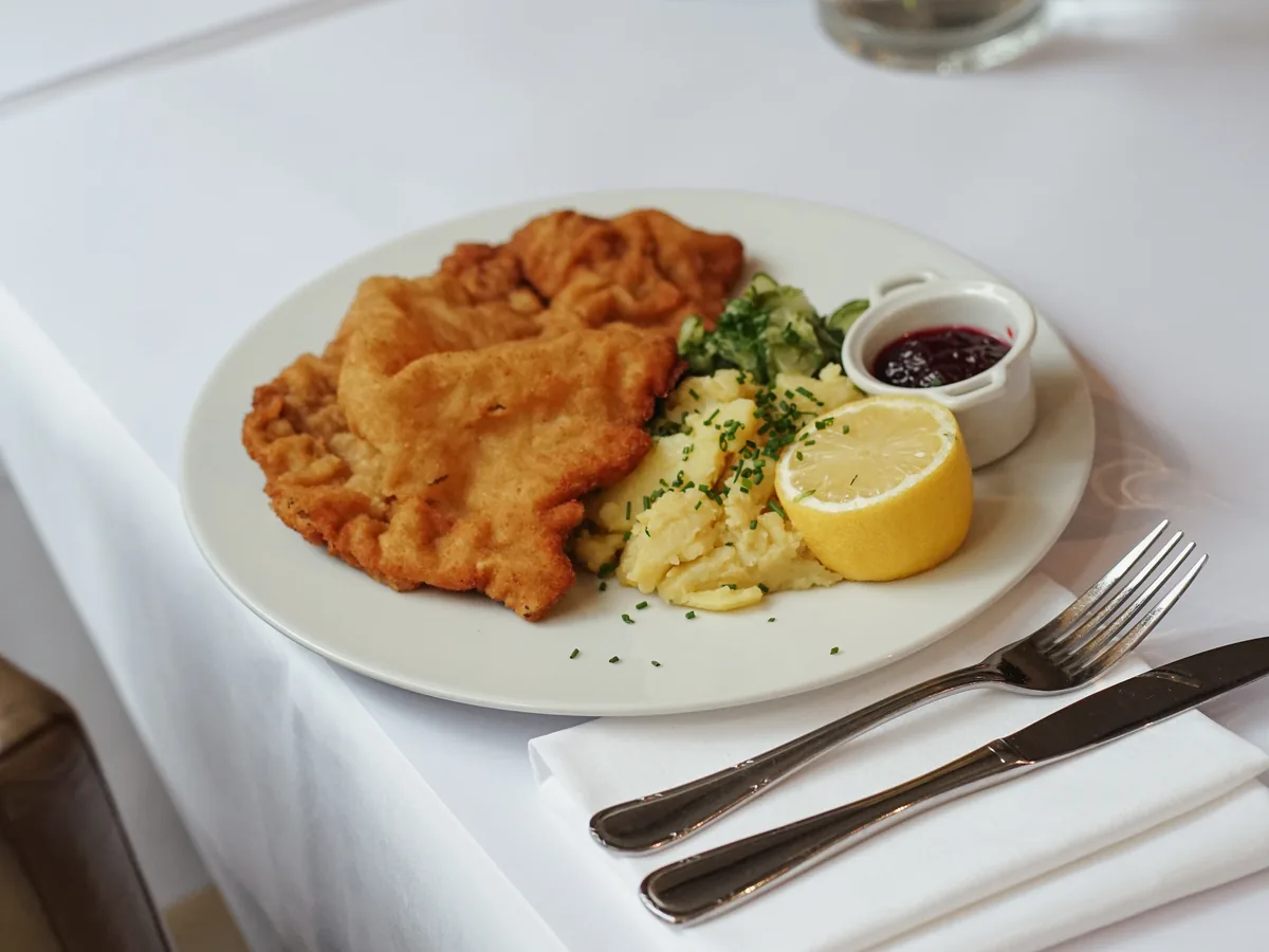 Schnitzel mit Kartoffelsalat, Zitrone und Preiselbeeren