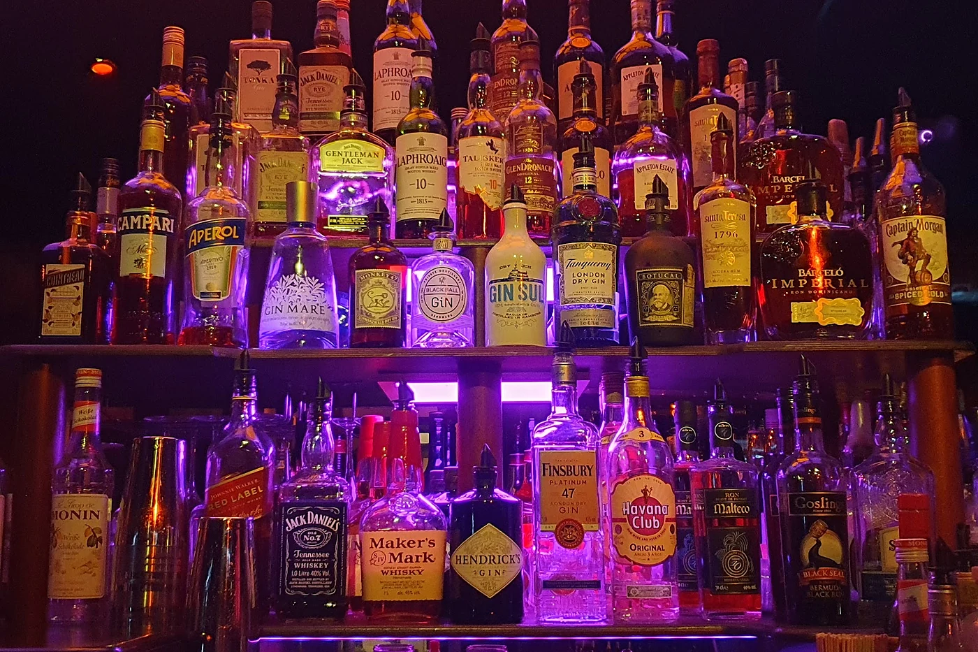 Beleuchtetes Flaschenregal hinter dem Tresen von Roschinsky’s mit Gin-, Whisky- und Likörflaschen