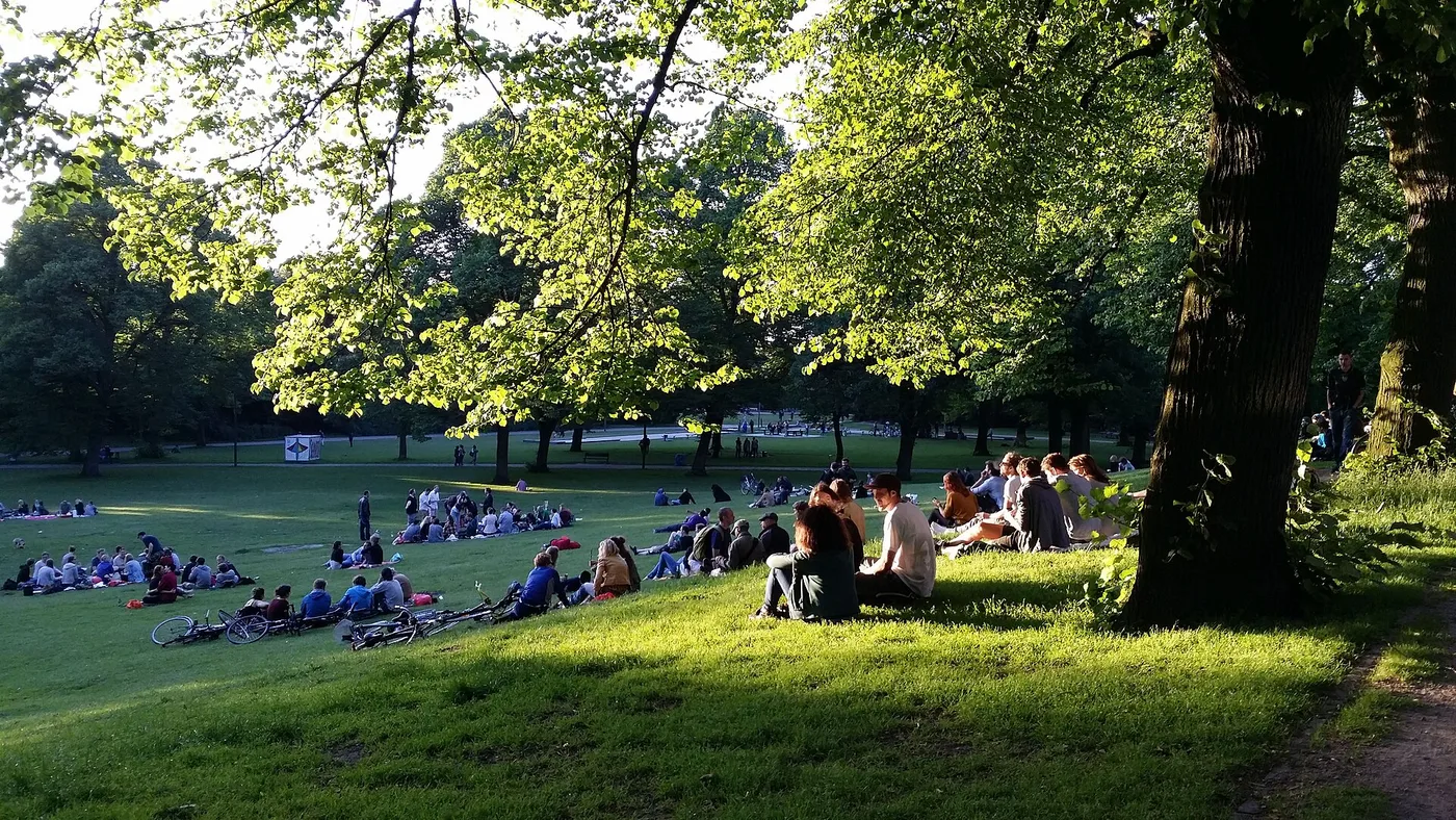 Wiese im Sternschanzenpark mit Menschen unter alten Bäumen im Sommer