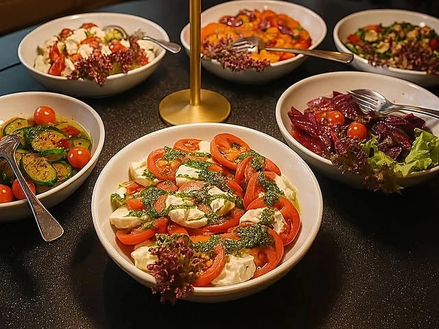 Sechs Schalen mit Salaten auf einem dunklen Tisch: Tomate-Mozzarella, Rote Bete, Gurken, Bohnen und marinierte Paprika