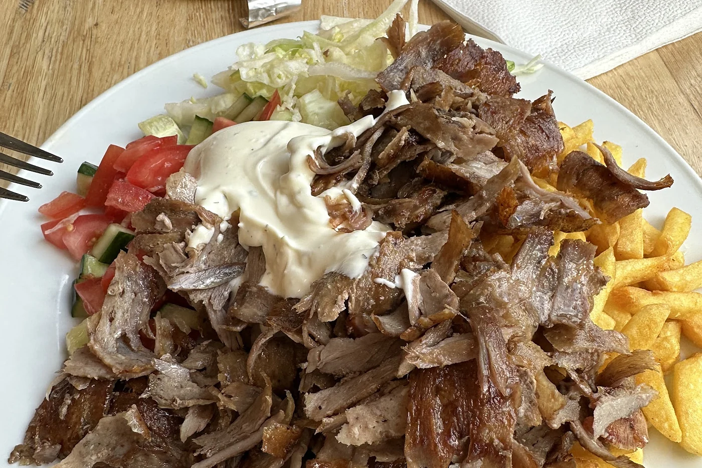Teller mit Kebabfleisch und Pommes