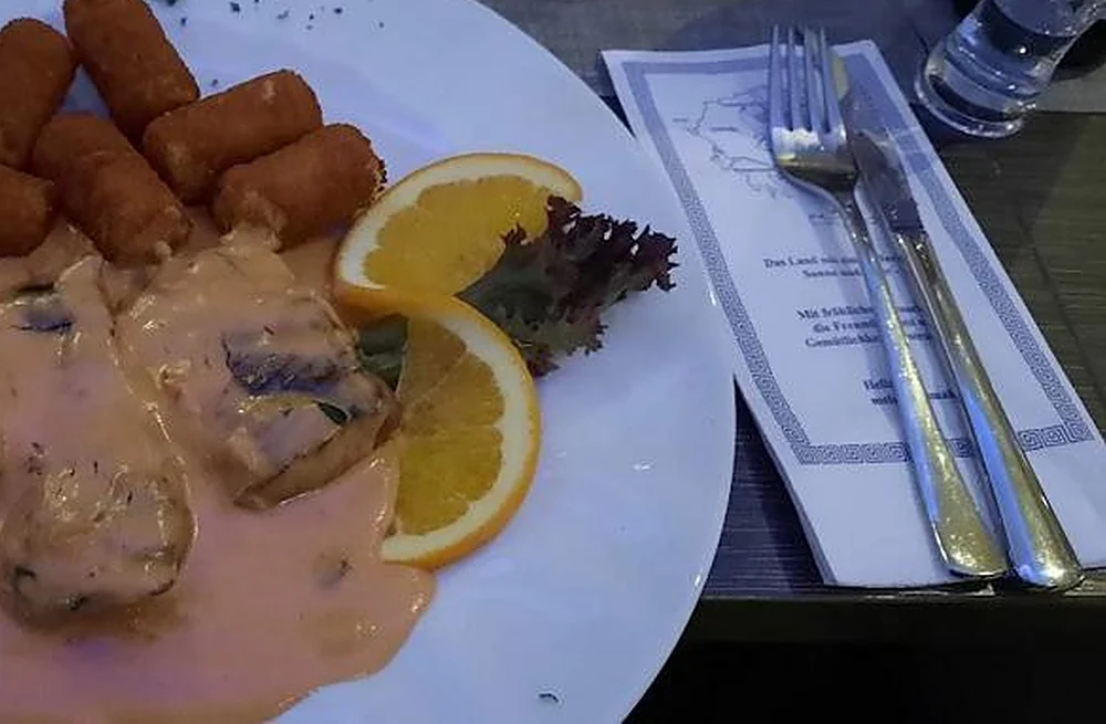 Kroketten und Schnitzel in Sauce mit Orangenscheibe auf weißem Teller