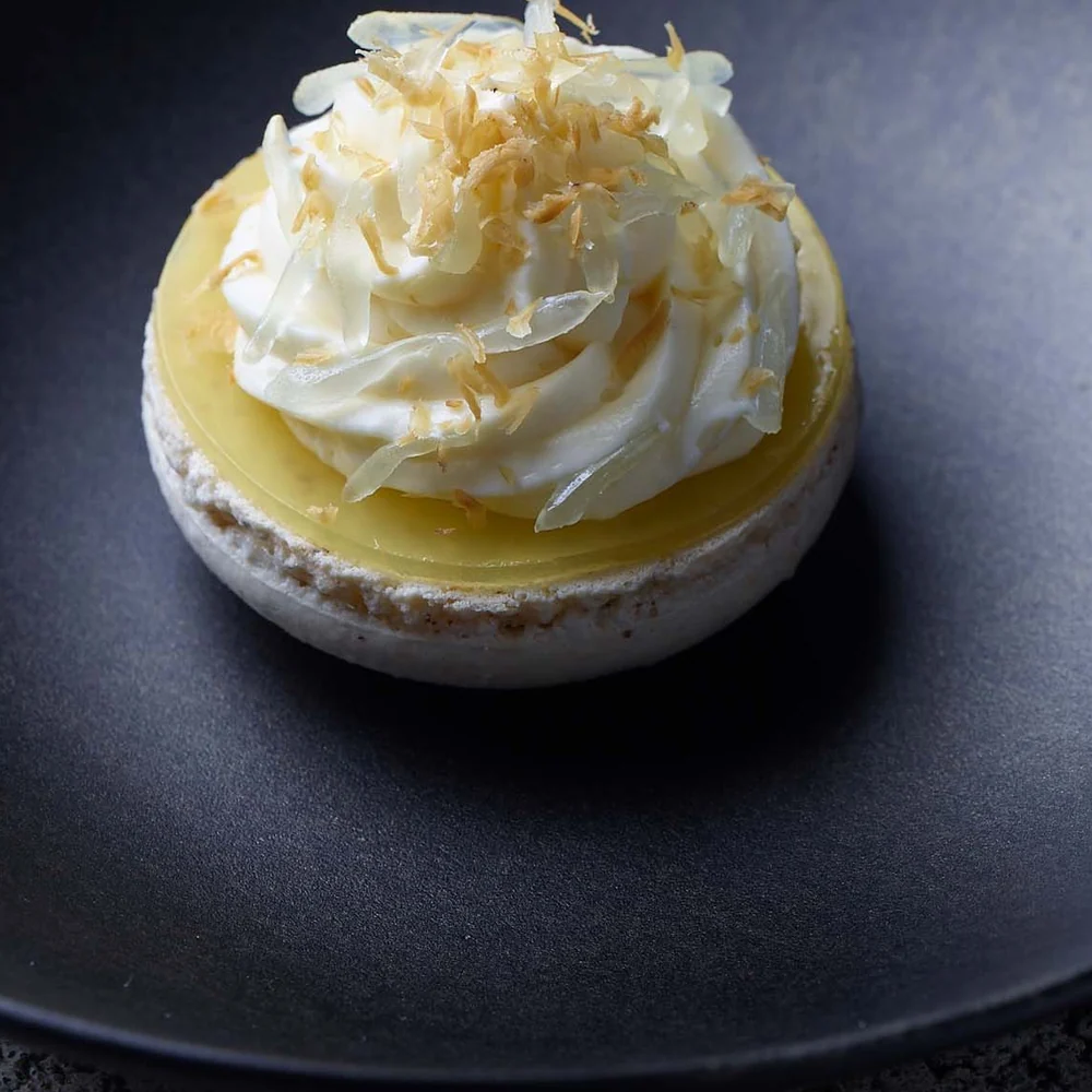 Cheesecake mit Zitrusfrüchten, Baiserhaube und gerösteten Kokosspänen auf schwarzem Teller