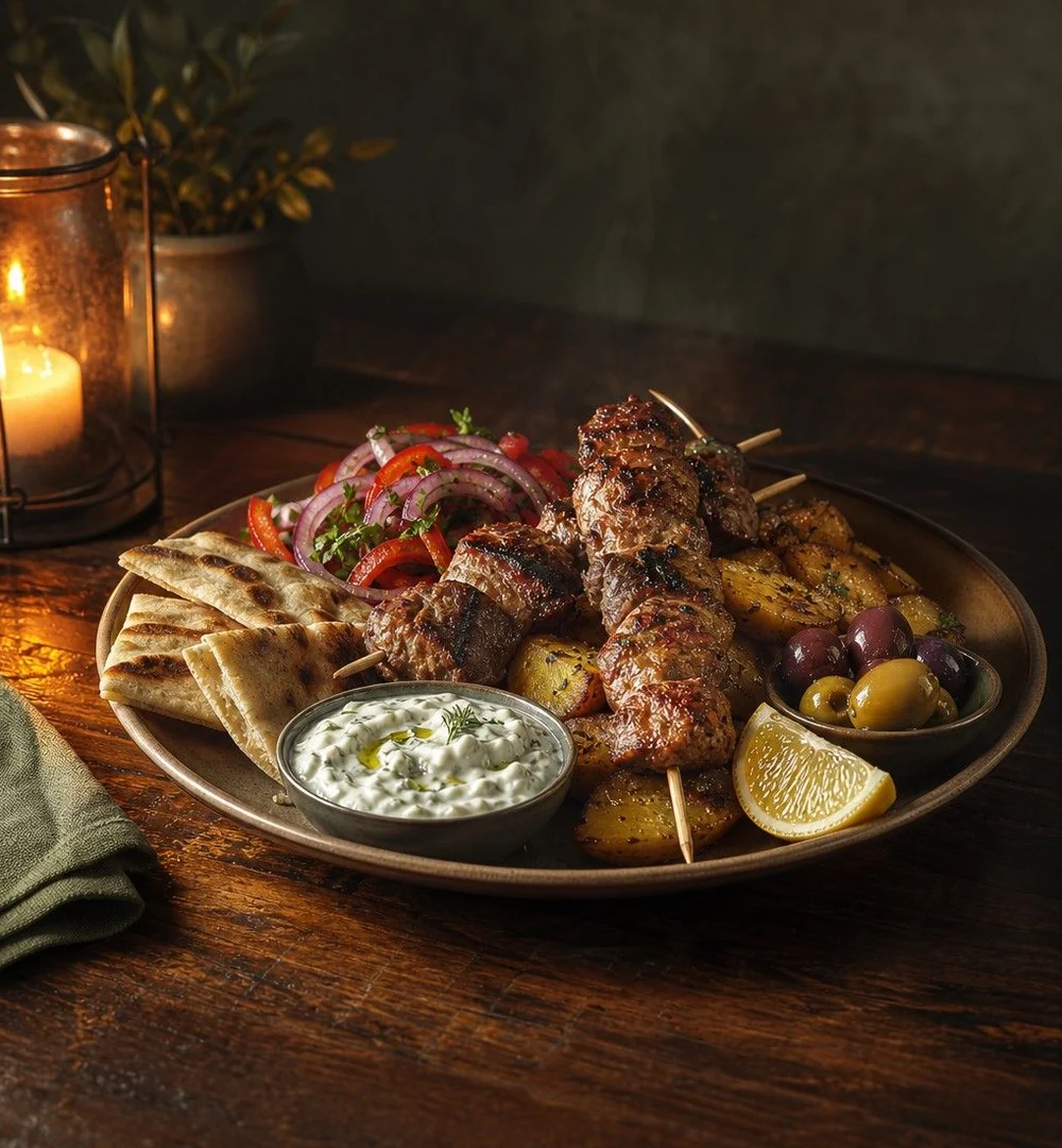 Teller mit Fleischspießen, Fladenbrot, Tzatziki, Oliven und Kartoffeln