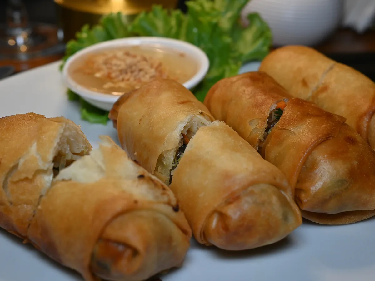 Frittierte Frühlingsrollen auf einem weißen Teller, dazu ein Schälchen Dip und Salat